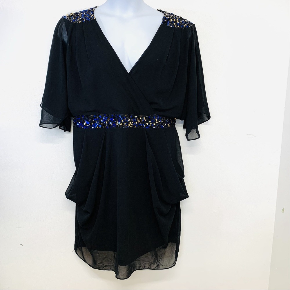 City Chic Empire Chiffon Black Dress 18 Cocktail  Lined Flare Sleeve Sequin Trim